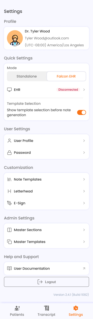 EHR mode settings screen